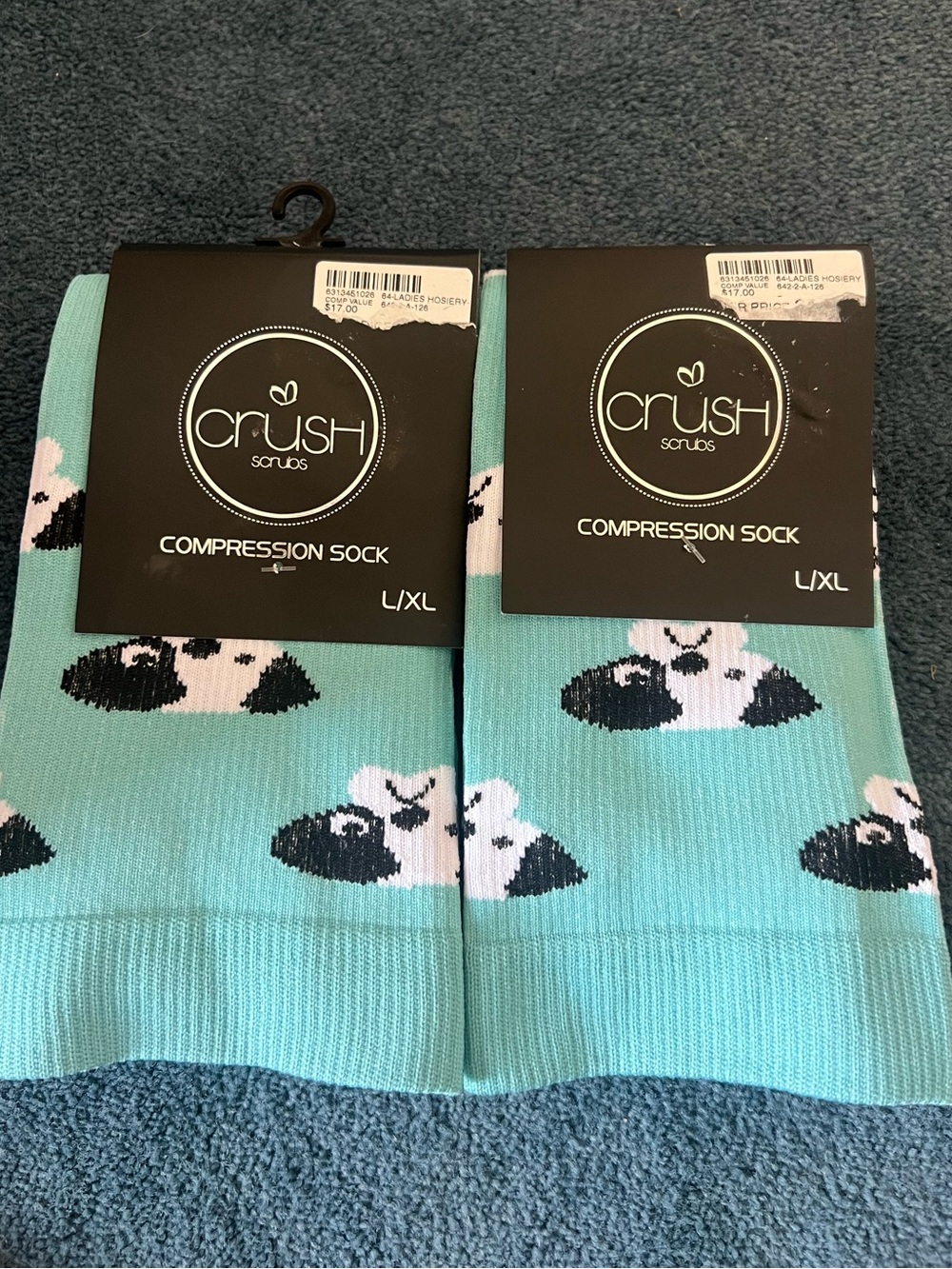 Crush Scrubs Compression L\XL, 8-12.5, Aqua/Dog Socks, two pairs, new with pkgs.